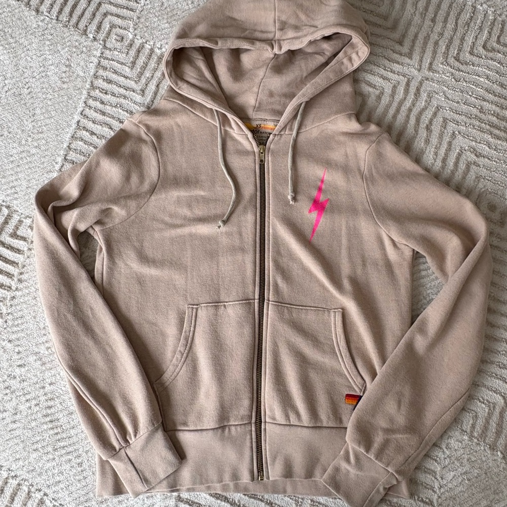 Aviator Nation Zip Hoodie Tan with Pink Lightening Bolt Women’s XS